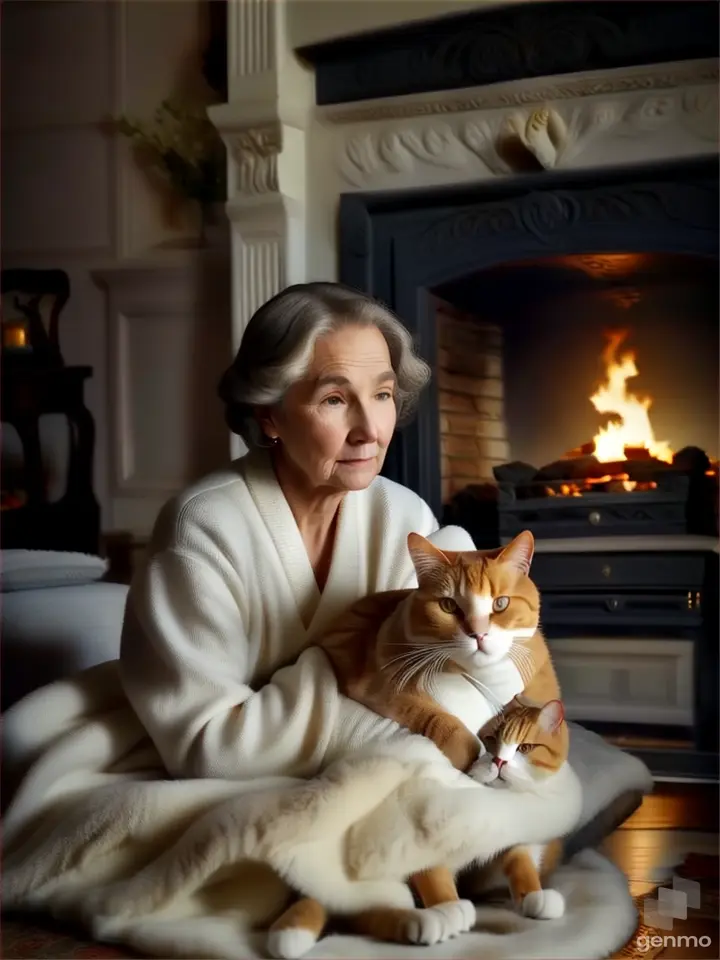 a woman sitting in front of a fire place holding a cat