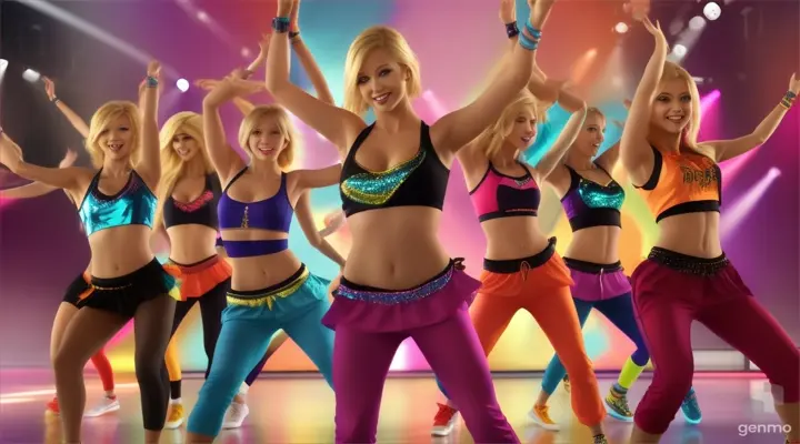 A girl with a haircut, blonde hair professionally dancing "Zumba". In full growth. Add energetic music. THERE ARE 4 PEOPLE IN THE BACKUP DANCE