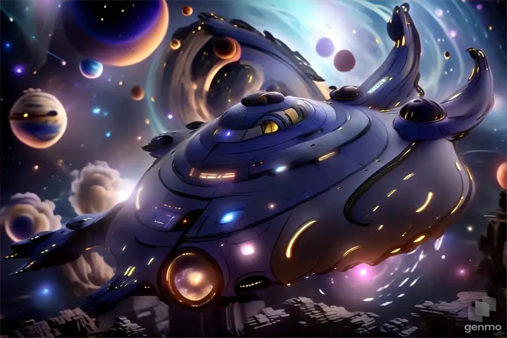 a space ship flying through the sky with planets in the background