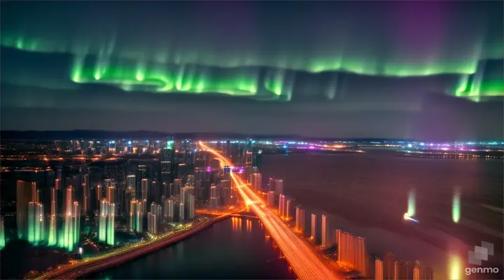 paisagem urbana em constante transformação, com prédios sendo construídos e demolidos em um loop contínuo, enquanto as luzes da cidade brilham intensamente ao fundo. Adicione um elemento surpresa, como a aparição súbita de uma aurora boreal no céu noturno, contrastando com a agitação da cidade. A trilha sonora deve evocar uma sensação de mistério e maravilha