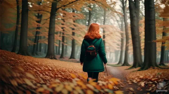 A girl in the forest with his friends in walking position 