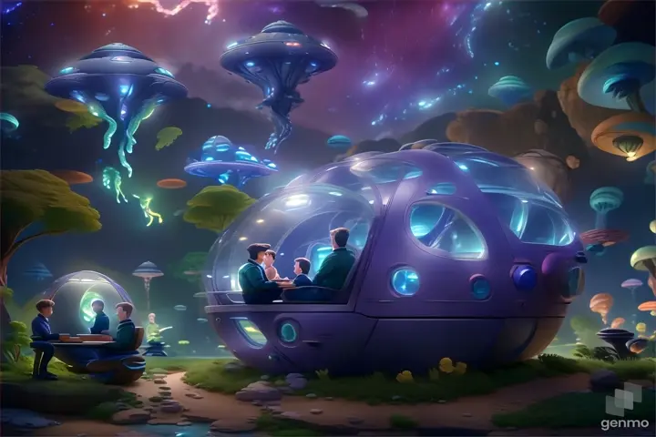 a couple of people sitting inside of a spaceship