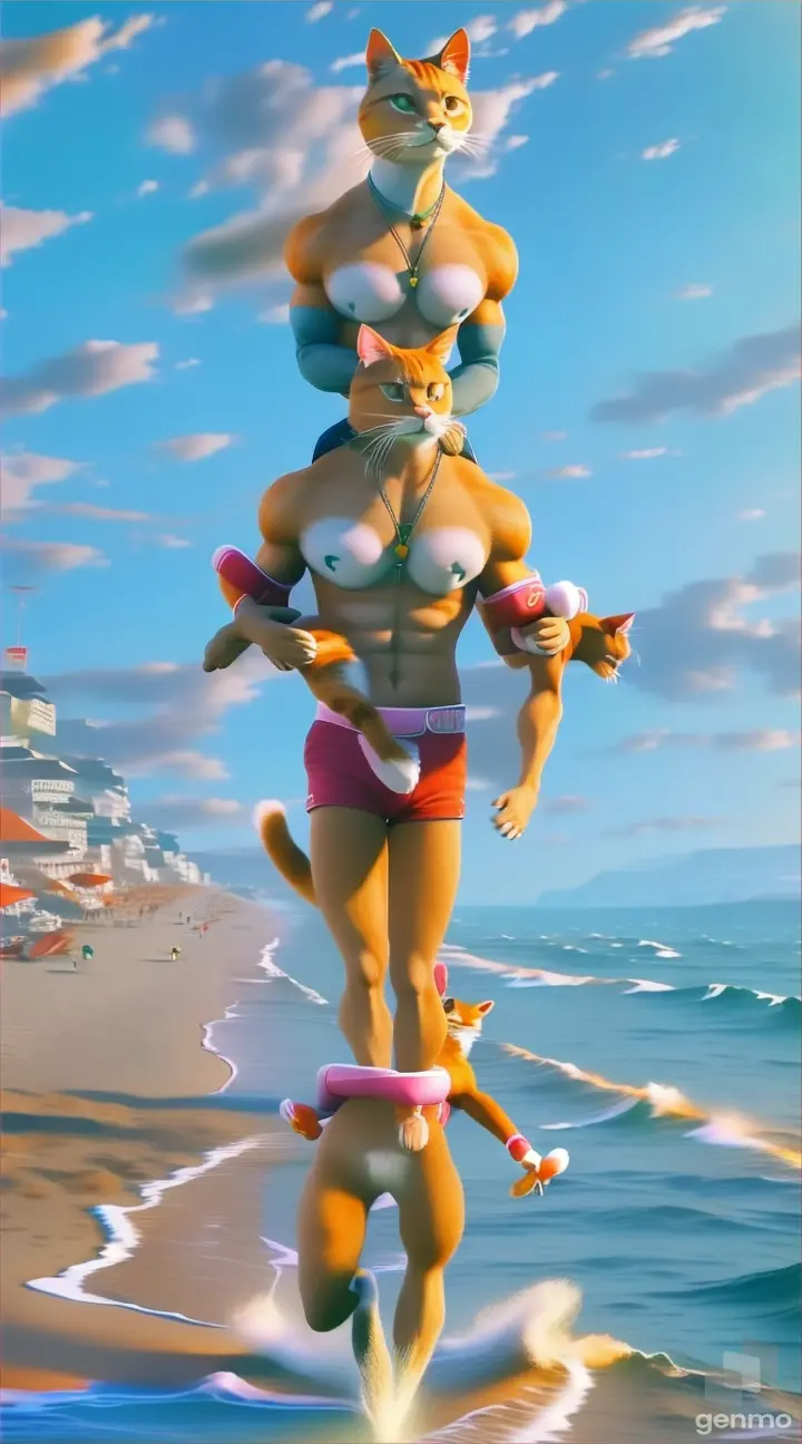 a cat is running on the beach with another cat in the background