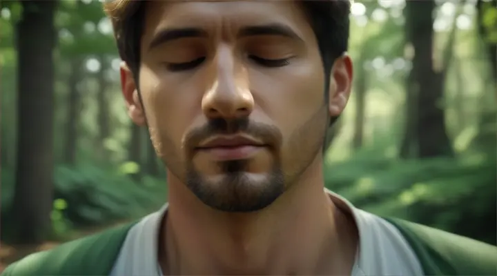 Close-up of the man face as they close their eyes, taking deep breaths, practicing mindfulness.
