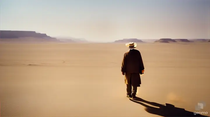 Old man walking alone in desert
