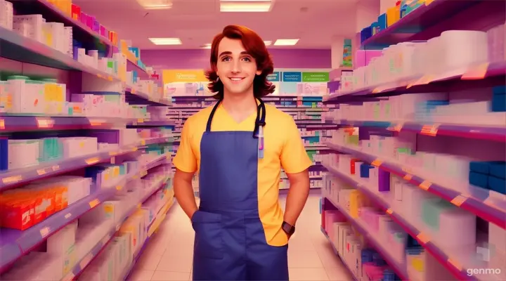 a cartoon character standing in a pharmacy shop