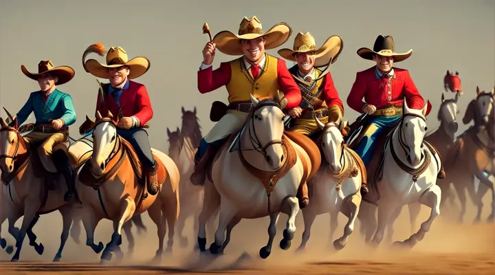 1. A group of cowboys riding on horseback, galloping towards the camera in slow motion.;;;;;;;;;;CARTOON,  CARICATURE EXTREME FUN   EXTRAVAGANT,LUXURY, STLIZED,SHOT MACRO,8K, 3D 
