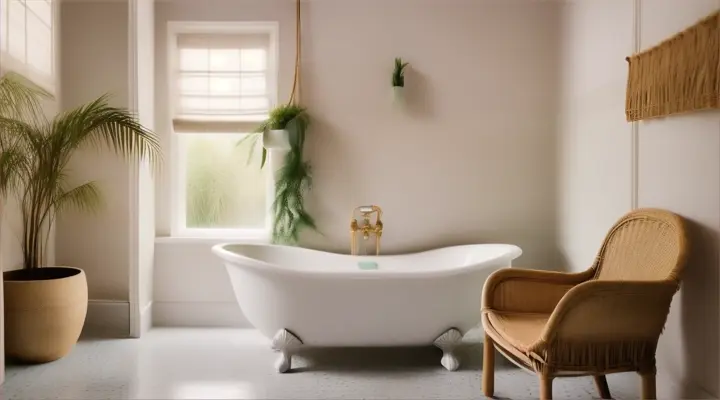 Minimalist-boho bathroom with bathtub, wicker chair, and a dash of greenery