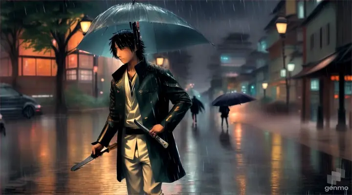 Anime boy with sword, long hair and coat walking through the rain, where the lights of the city are reflected on the wet pavement