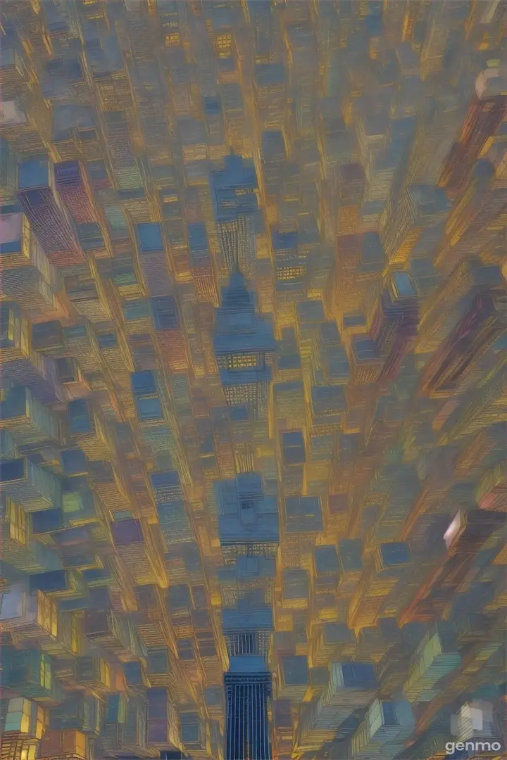 a painting of a city with tall bu