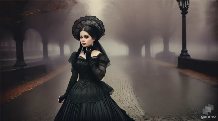 A beautiful woman in gothic style extending her hand to a man in a mask on a foggy cobblestone bridge, leaves blowing in the wind