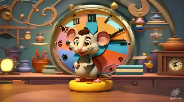pixar maya disney style mouse cortoon in the clock wide screen vide frame