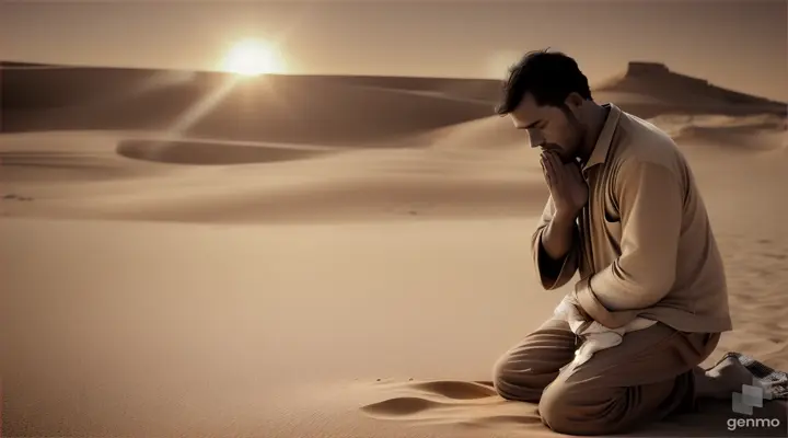 Man praying in desert wearing old dirty clothes