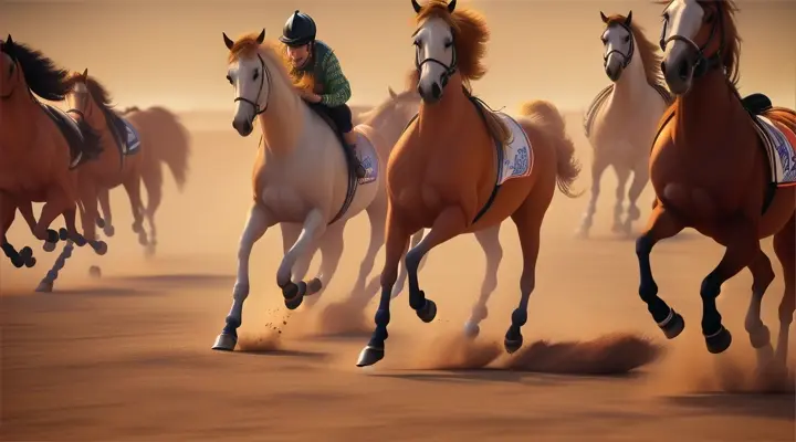 4. Dust being kicked up by the horses' hooves as they run past the camera...;;;;;;;;;;CARTOON,  CARICATURE EXTREME FUN   EXTRAVAGANT,LUXURY, STLIZED,SHOT MACRO,8K, 3D 

