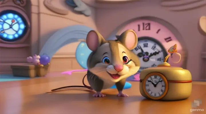 pixar maya disney style mouse cortoon in the clock wide screen vide frame