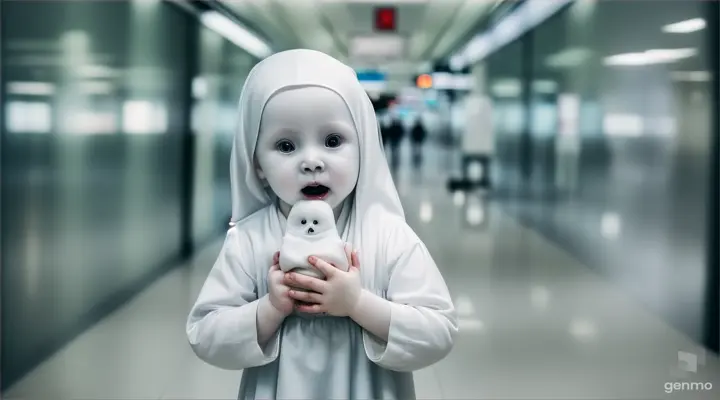 A female ghost with a pale face, a scary scary face, holding a ghost baby, walks when there is no one around at Suvarnabhumi Airport, Bangkok.a with video of 16:9