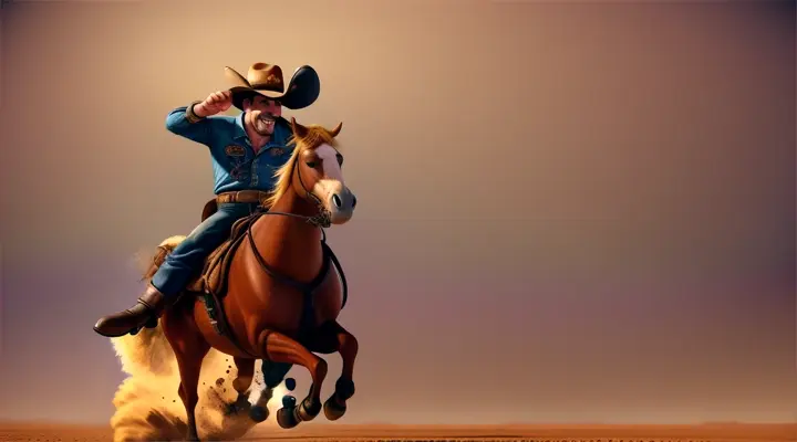  
8. A slow-motion shot of a cowboy falling off his horse, with dust flying everywhere.;;;;;;;;;;CARTOON,  CARICATURE EXTREME FUN   EXTRAVAGANT,LUXURY, STLIZED,SHOT MACRO,8K, 3D 
