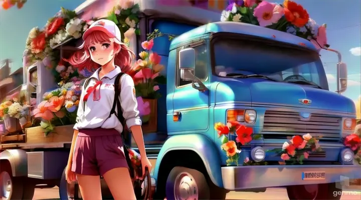 a girl standing next to a truck with flowers on it