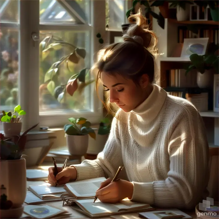 girl at her study table writing very slowly in her diary with her right hand only, a gentle breeze moves her hair and the plants surrounding her, warm light seeping in through the window