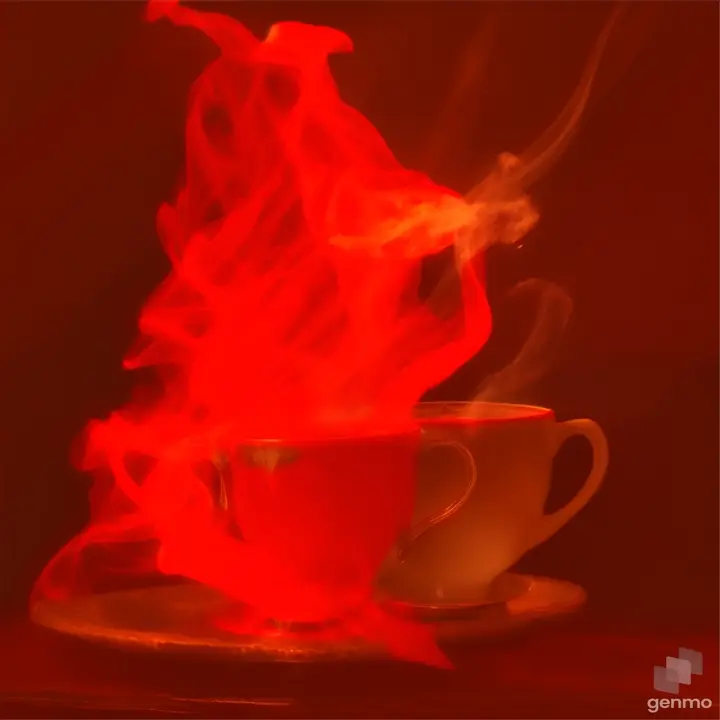 Red ghost sitting quietly among billowing steam from cups of tea, coffee, and hot chocolate on an antique table