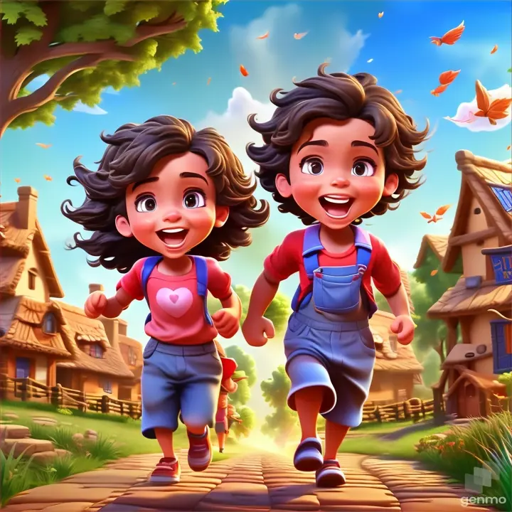 a couple of kids that are walking down a road, make the character moving 