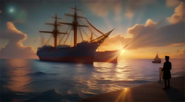  The ship sailing smoothly into the horizon, the protagonist's journey mirroring their emotional growth and resilience.