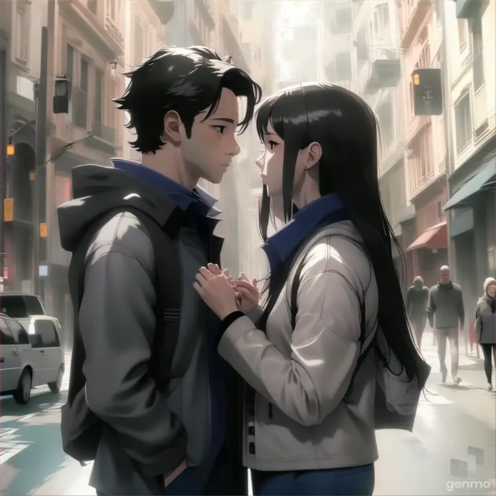 a man and woman standing next to each other on a street