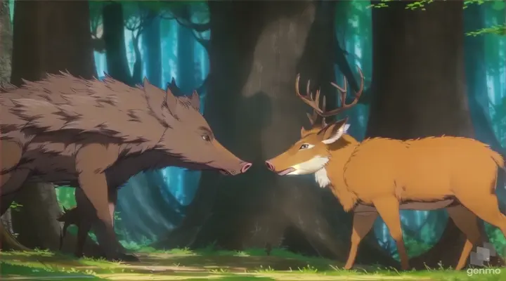 a wild boar and deer standing  to each other in a forest