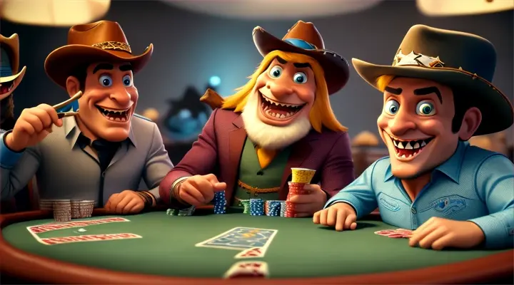  
24. A group of cowboys playing poker at a table, with the baby shark peeking over their shoulders..;;;;;;;;;;CARTOON,  CARICATURE EXTREME FUN   EXTRAVAGANT,LUXURY, STLIZED,SHOT MACRO,8K, 3D 
