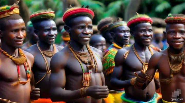 a group of batwa pygmies men from congo dancing in traditional wear skins