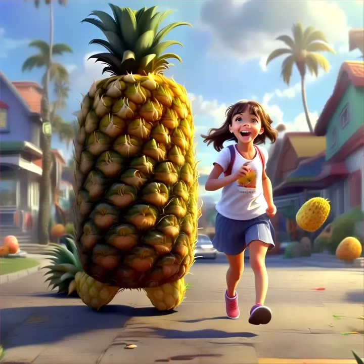 a little girl running away from giant pineapple, high detalization