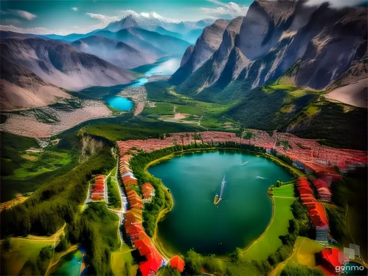 an aerial view of a lake surrounded by mountains