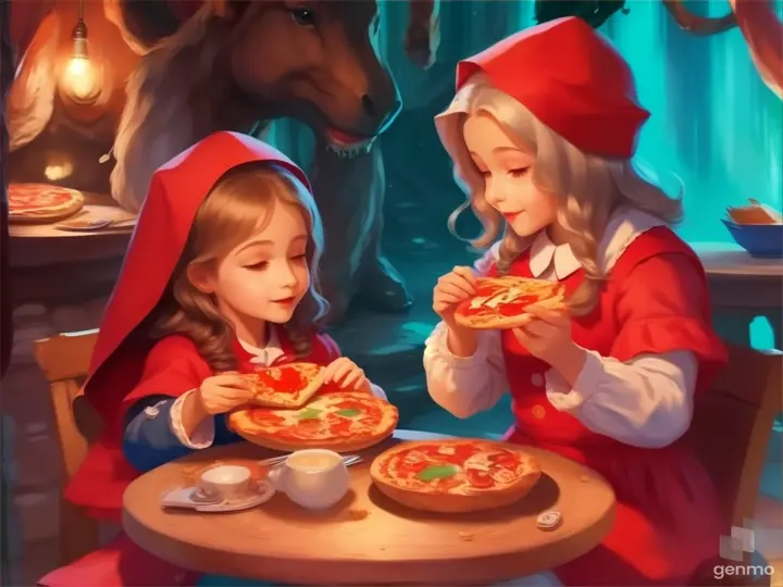 a painting of two children eating pizza at a table