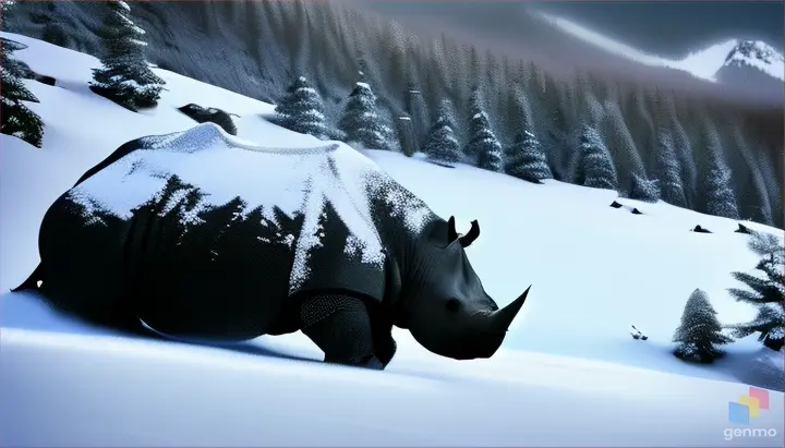 A rhinoceros skiing down a snowy mountain slope