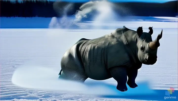 A rhinoceros skiing and jumping through the air over a frozen lake