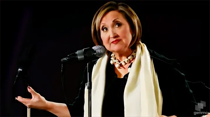 a woman standing in front of a microphone