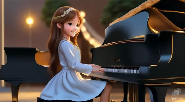 A young beautiful girl with long hair, full body,the girl smiles and plays the piano