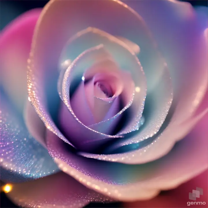 bright sparkling iridescent ice blue and pink rose blooming with pulsing light