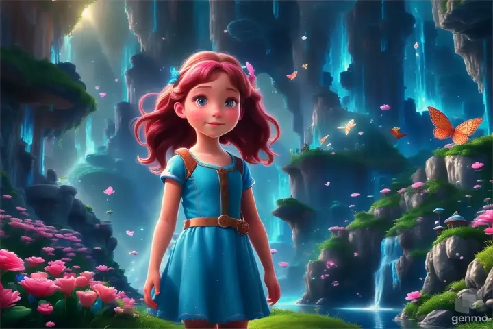a little girl in a blue dress, found herself in a magical world full of amazing things.