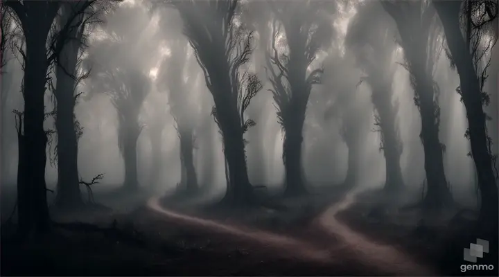 A dark scary eerie forest with thick for covering the ground