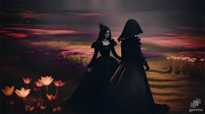 A woman in a black dress walks through a dark garden of glowing, colorful flowers, as a mysterious cloaked figure watches from the shadows