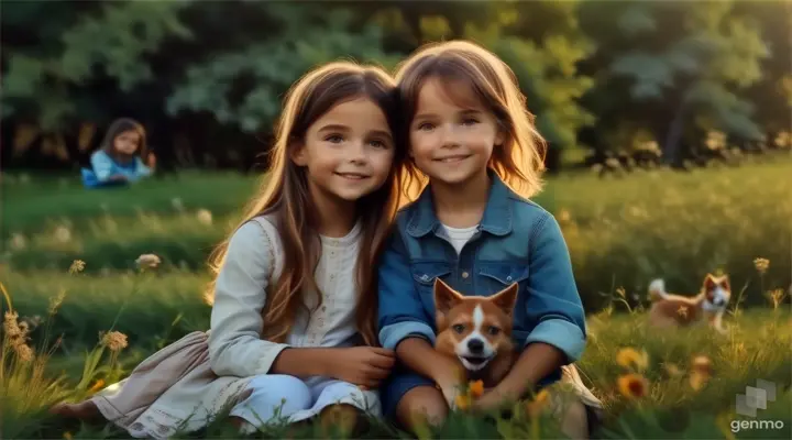 two little girls sitting in the grass with a dog