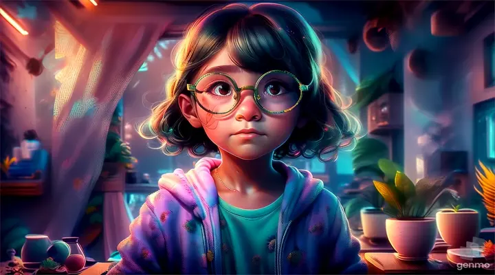 Girl with glasses looking out of a window with lush, tropical foliage surrounding the frame, sunlight casting a soft glow on her face