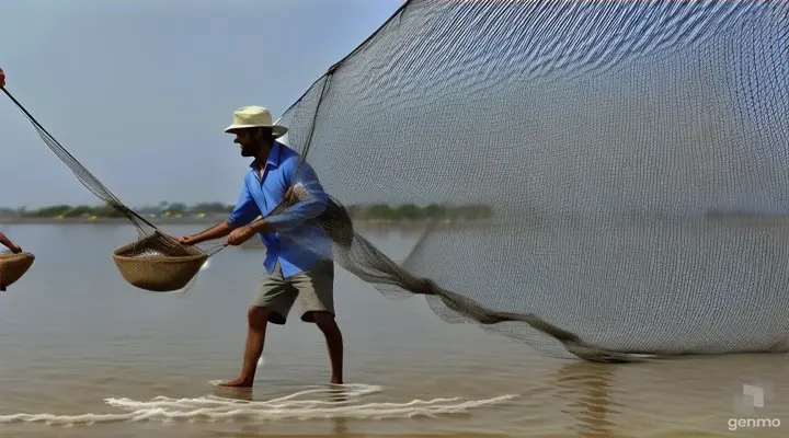 a man standing in a body of water holding a net and moving slowly. 