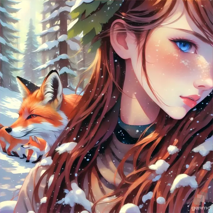 a girl and a fox in the snow