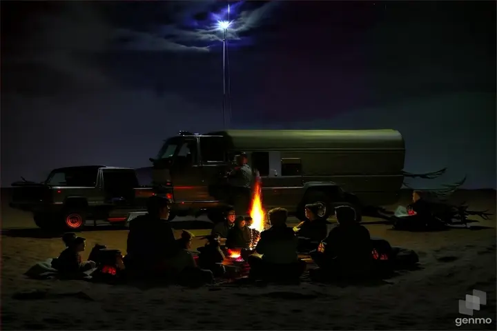 a couple of people sitting around a campfire