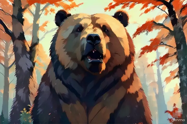 a painting of a brown bear in a forest