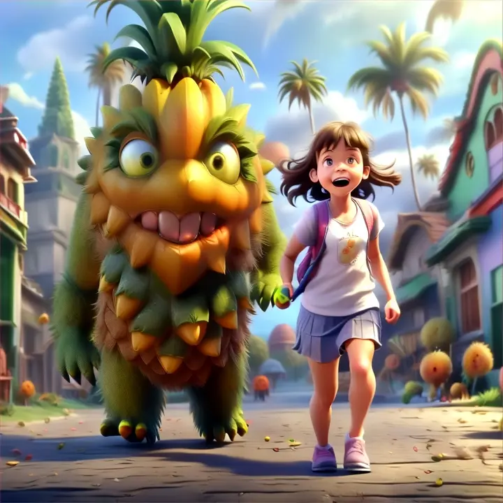a little girl running away from giant monster, high detalization, 4k