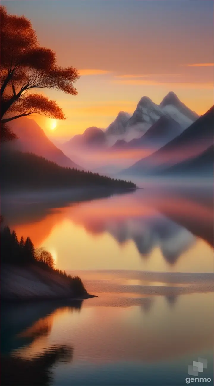 A scenic sunrise or sunset reflected on a calm body of water, with mountains or other landscapes in the distance