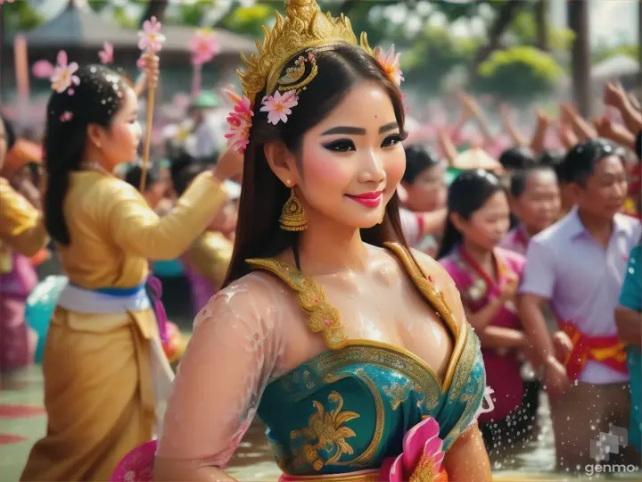 เป็นภาพมุมกล้องระยะใกล้ สาวสวยกำลังยืนโพสท์ท่าถ่ายรูปขณะกำลังสรงน้ำพระพุทธรูป,ที่ประดิษฐานอยู่กลางสนามในวันสงกรานต์,ท่ามกลางฝูงชนมากมายที่มาร่วมรดน้ำ และเส่นสาดน้ำสงกรานต์อย่างสนุกสนาน